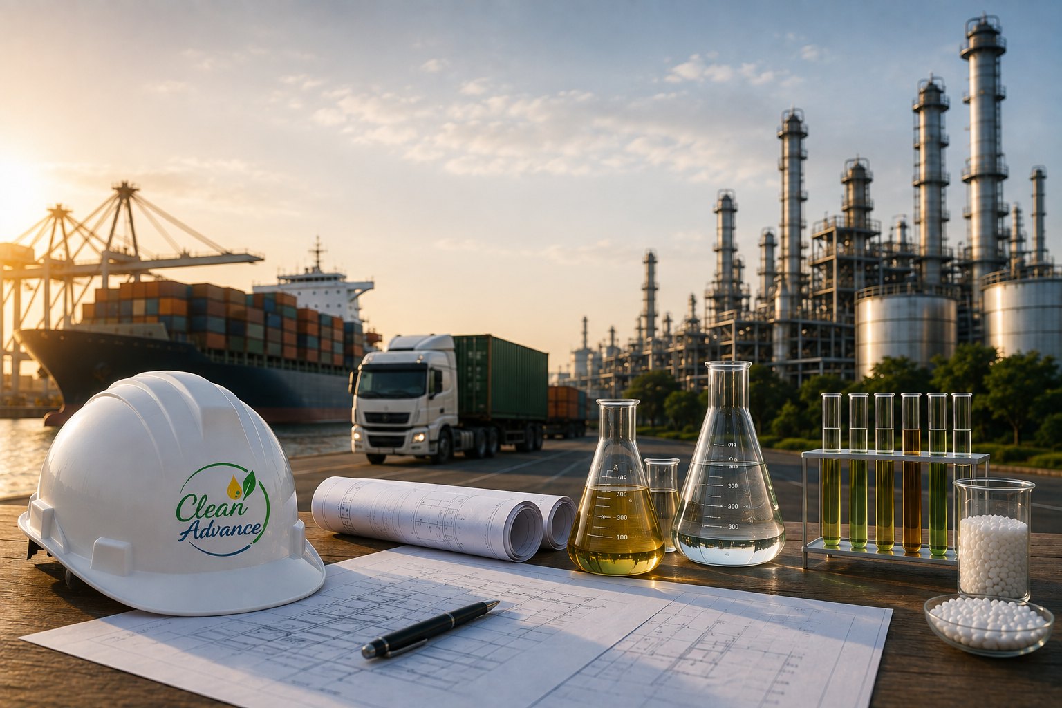 CleanAdvance hard hat, technical drawings and product samples against a refinery and container port