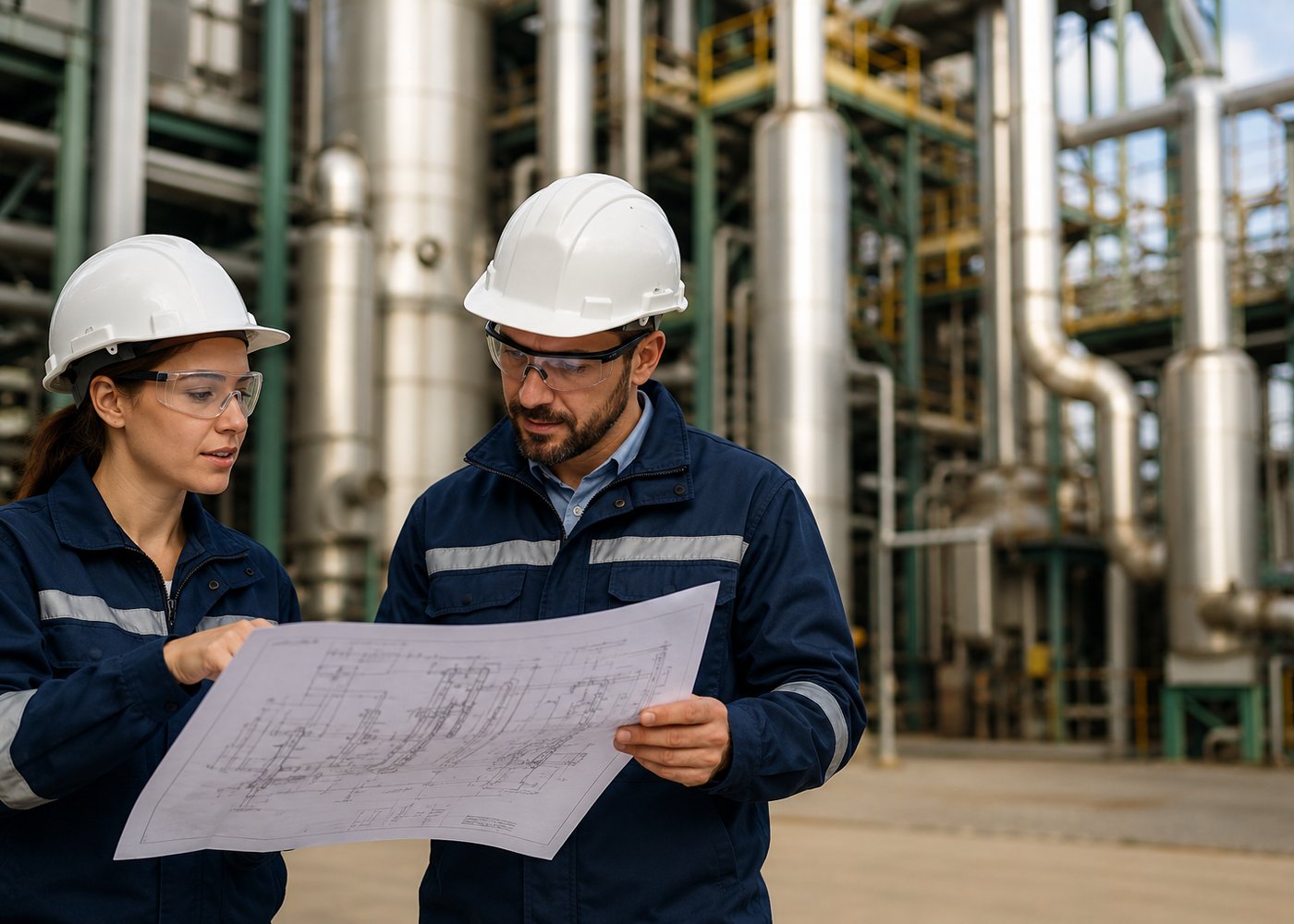CleanAdvance engineers reviewing technical drawings on an industrial site