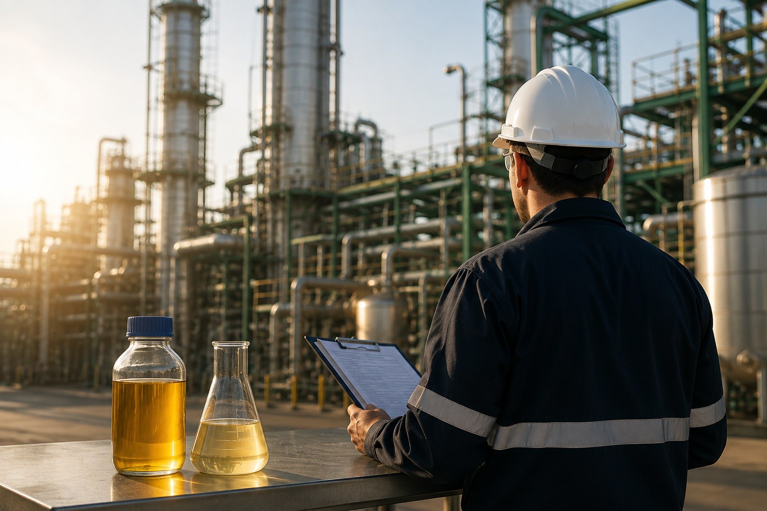 CleanAdvance engineer reviewing biodiesel sample results in front of a refinery