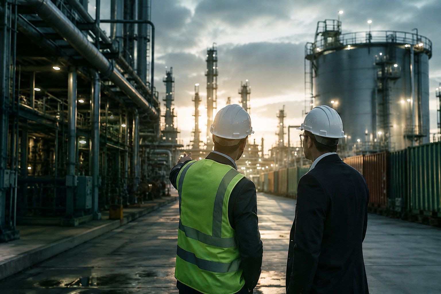 An engineer and a client reviewing plant equipment together at a refinery at dusk