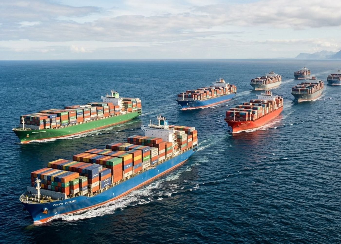 Container vessels moving industrial cargo along international trade routes