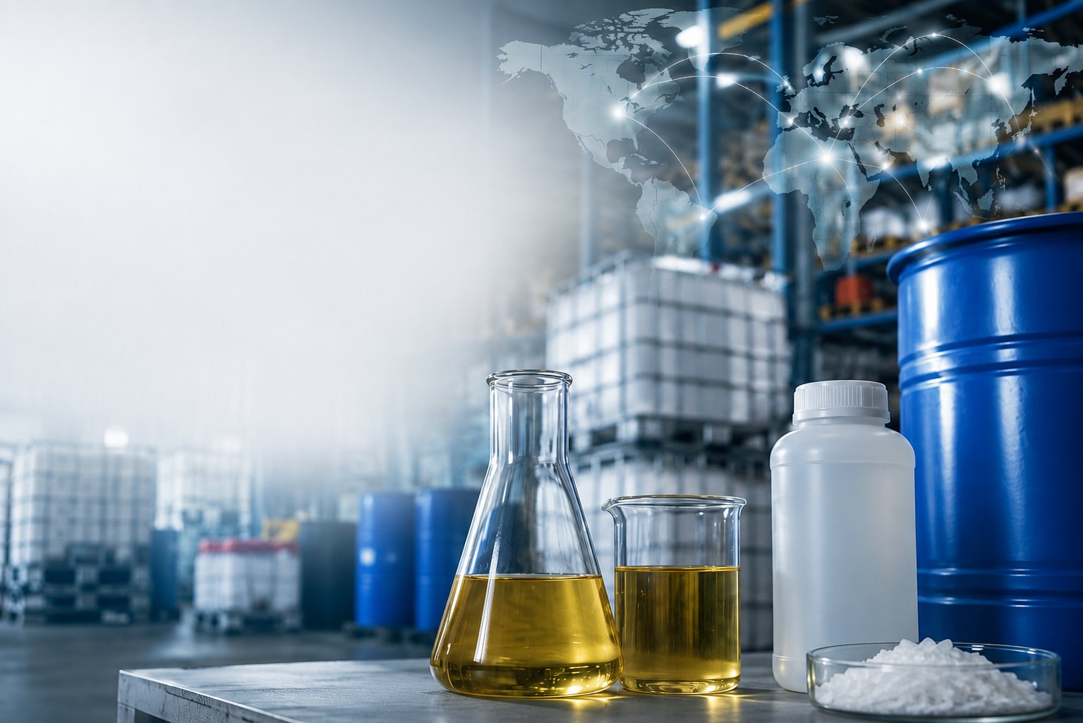 Strategic Sourcing & Brokerage — chemical drums in a distribution warehouse with an international supply network overlay
